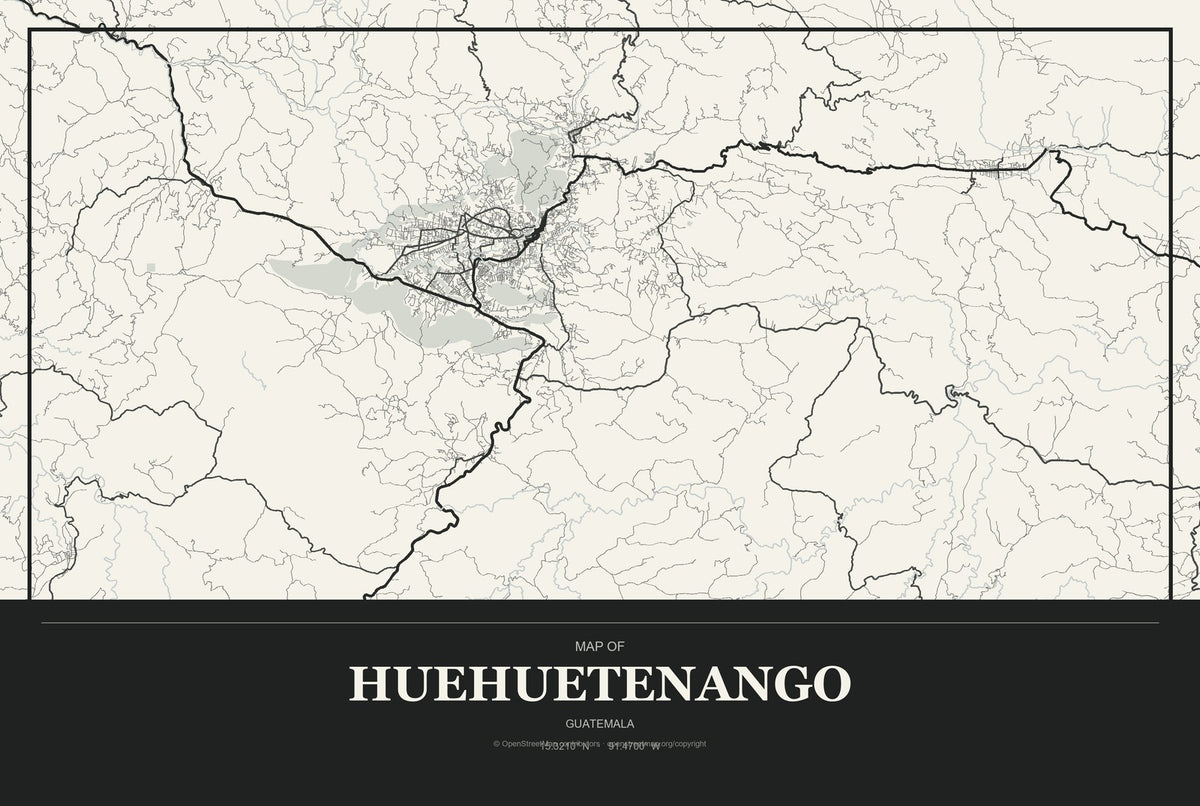Huehuetenango, Guatemala City Map Aluminum Sign in Museum Plaque style