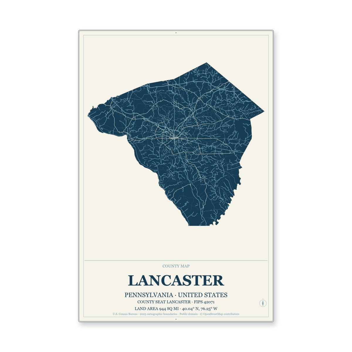 Lancaster County, Pennsylvania Map Aluminum Sign in Coastal Cutout style