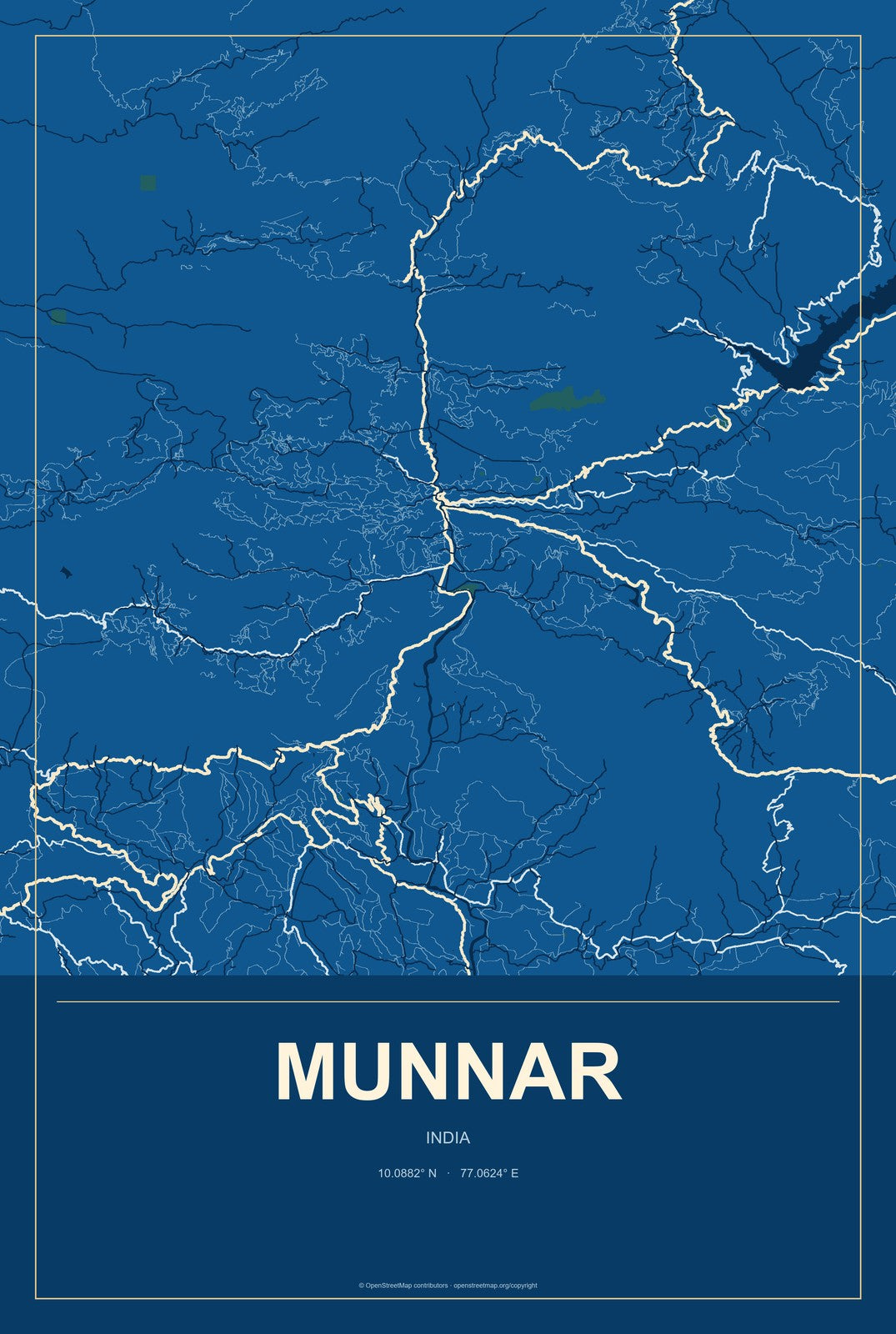 Munnar, India City Map Aluminum Sign in Harbor Cobalt style