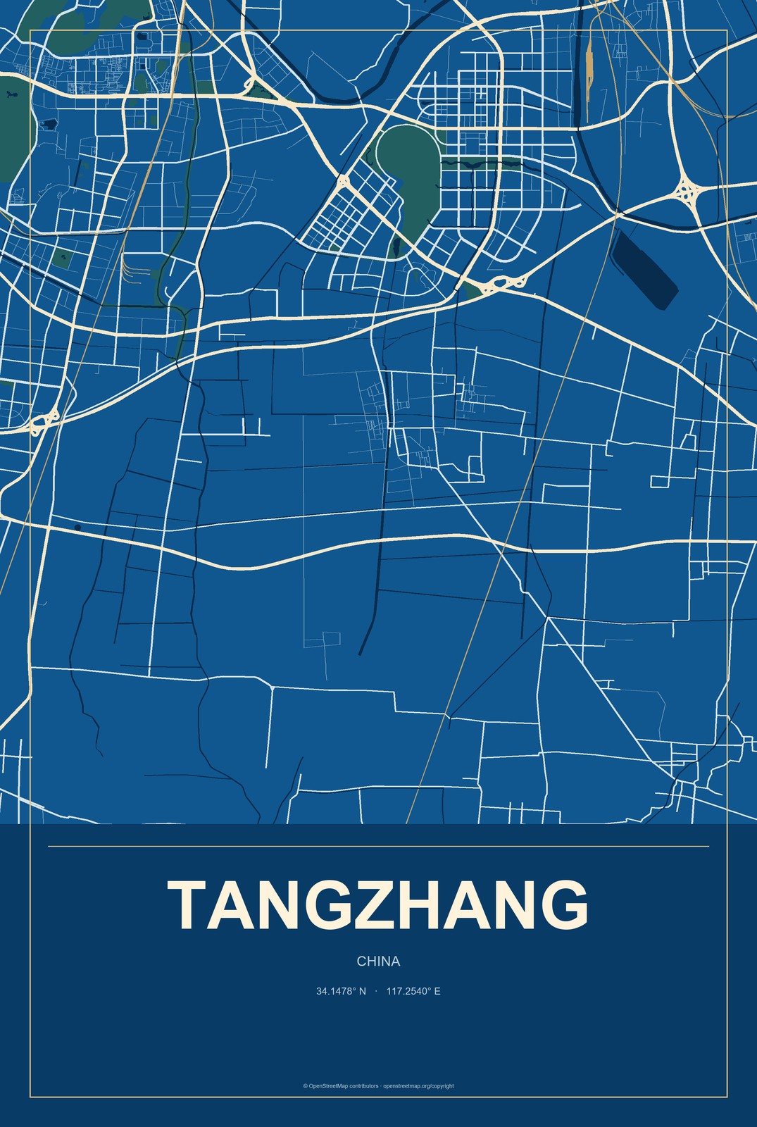 Tangzhang, China City Map Aluminum Sign in Harbor Cobalt style