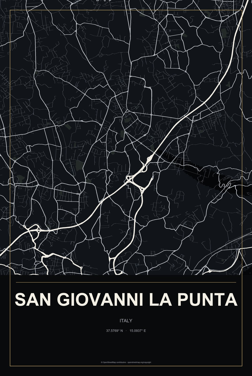 San Giovanni la Punta, Italy City Map Aluminum Sign in Metropolitan Noir style