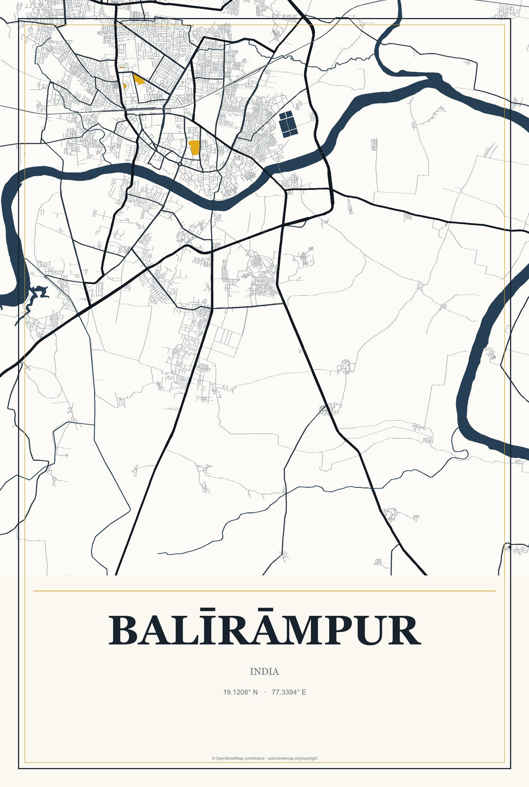 Balīrāmpur, India City Map Aluminum Sign in Citrine Modern style