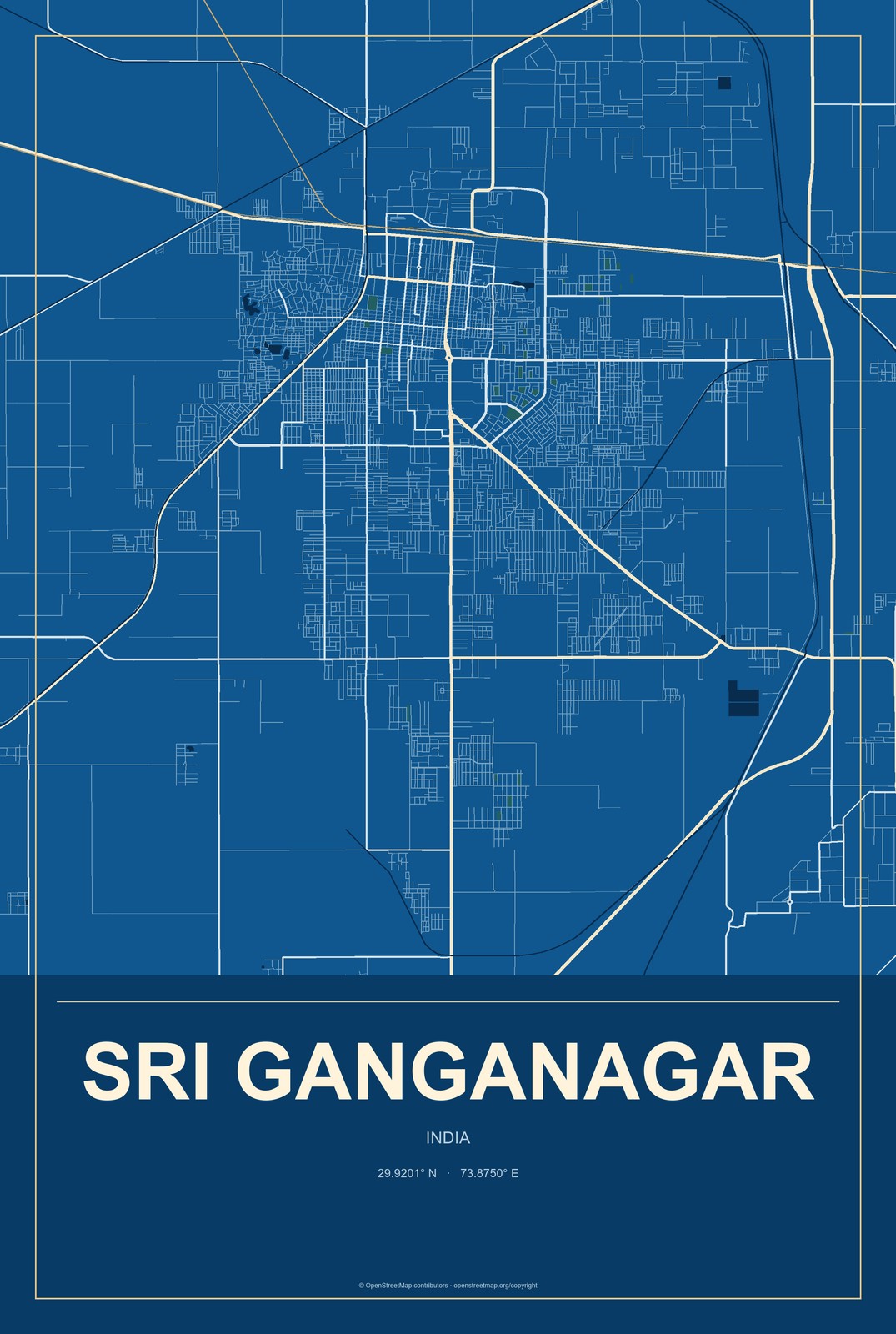 Sri Ganganagar, India City Map Aluminum Sign in Harbor Cobalt style