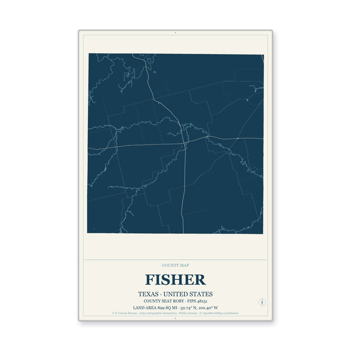 Fisher County, Texas Map Aluminum Sign in Coastal Cutout style