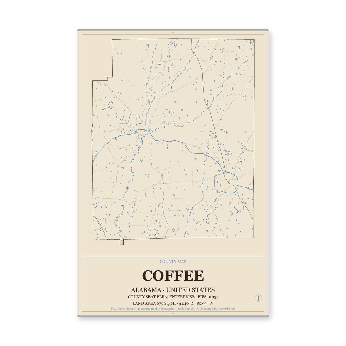 Coffee County, Alabama Map Aluminum Sign in Heritage Nautical style