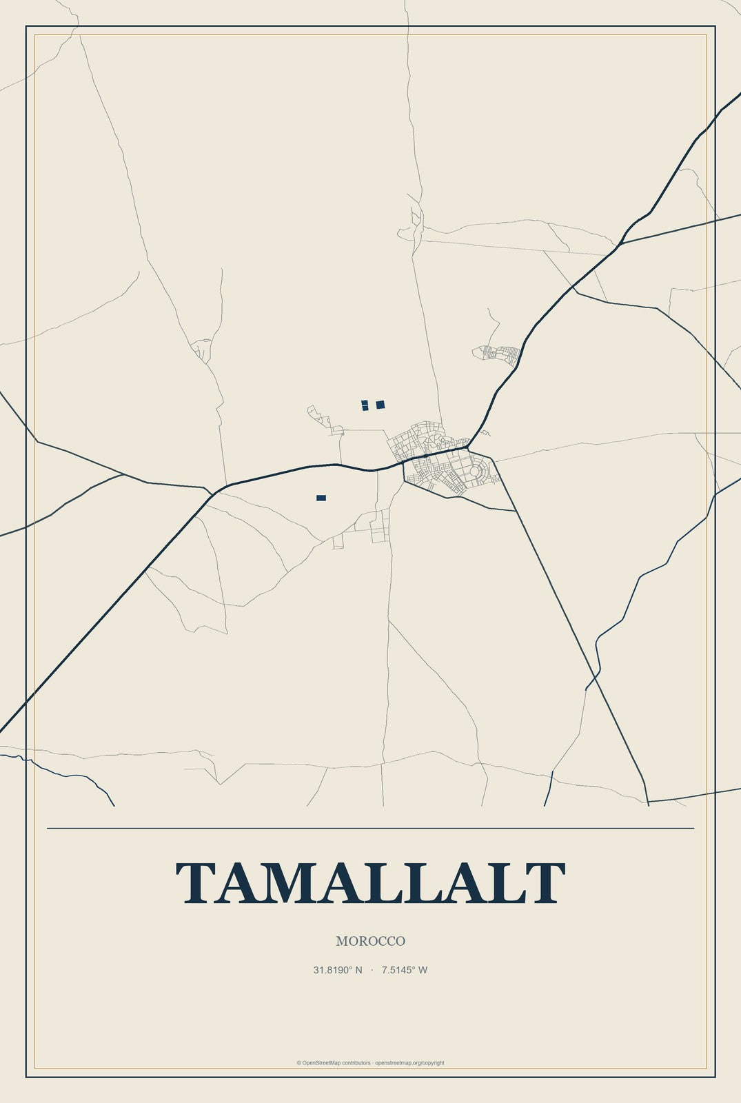 Tamallalt, Morocco City Map Aluminum Sign in Coastal Cutout style