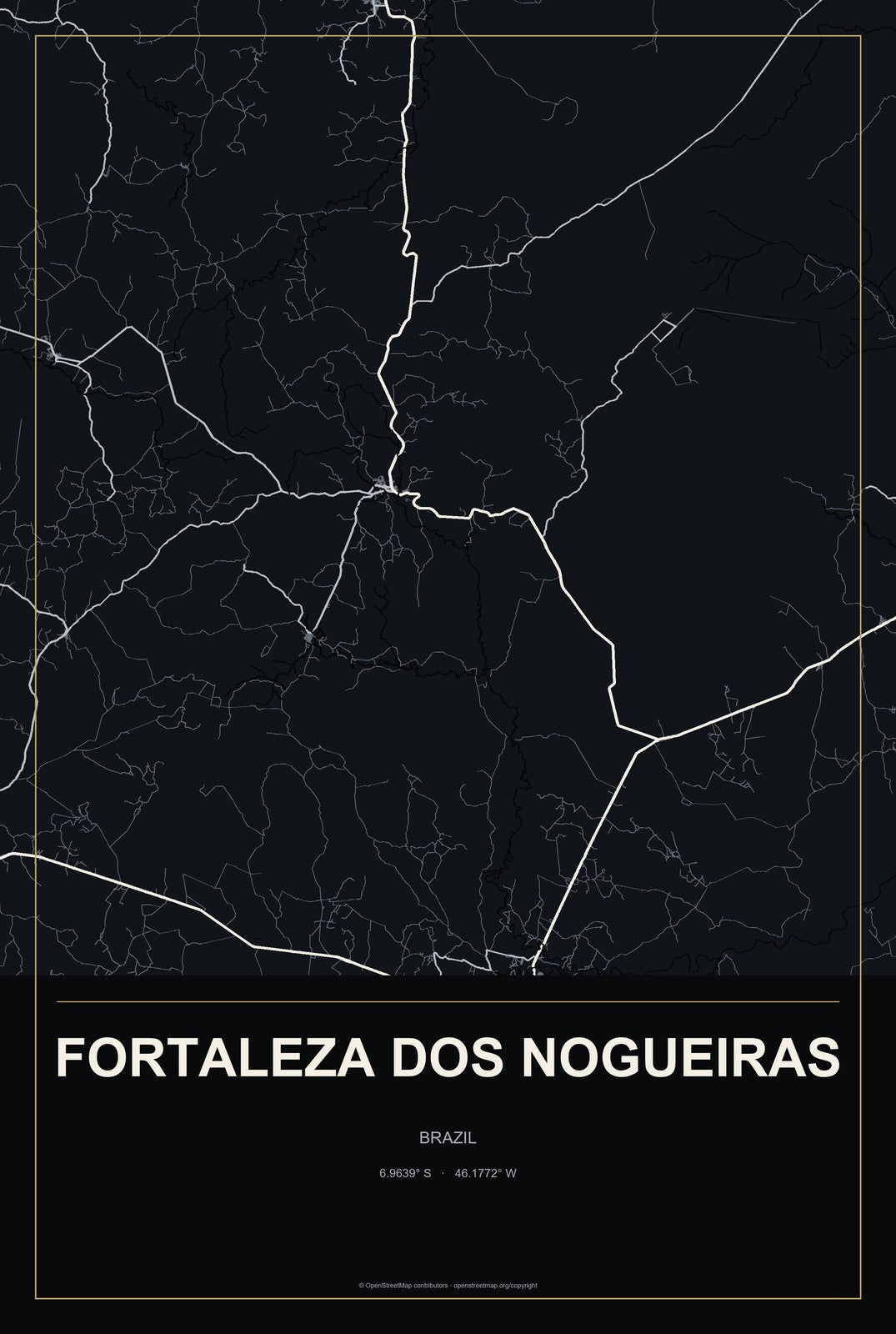 Fortaleza dos Nogueiras, Brazil City Map Aluminum Sign in Metropolitan Noir style