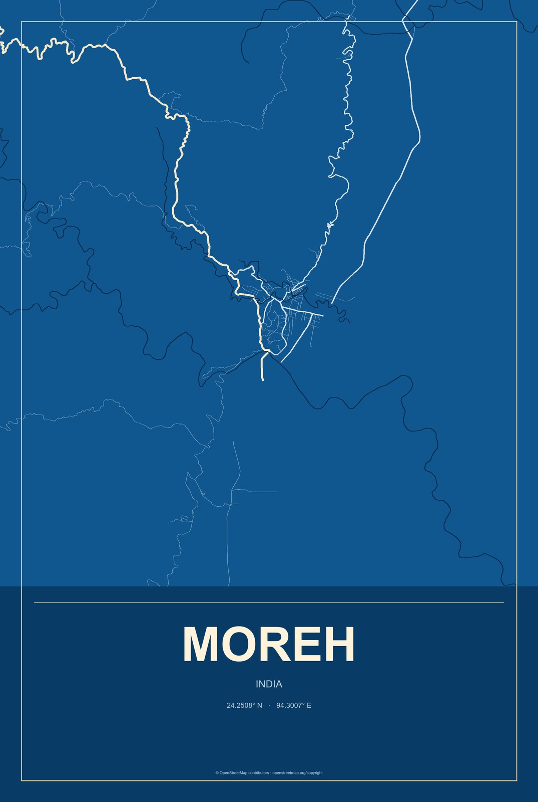 Moreh, India City Map Aluminum Sign in Harbor Cobalt style