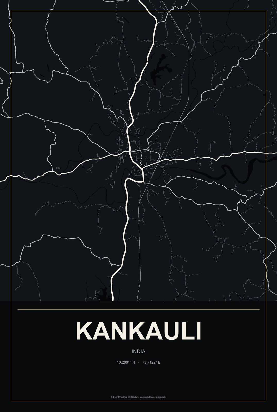 Kankauli, India City Map Aluminum Sign in Metropolitan Noir style