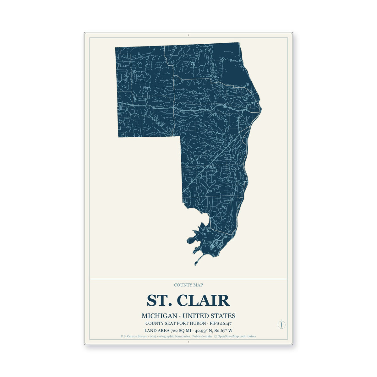 St. Clair County, Michigan Map Aluminum Sign in Coastal Cutout style