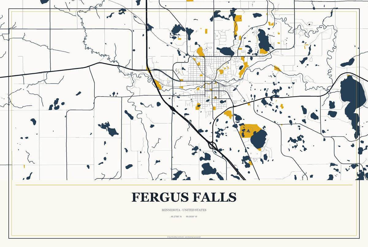 Fergus Falls, Minnesota City Map Aluminum Sign in Citrine Modern style