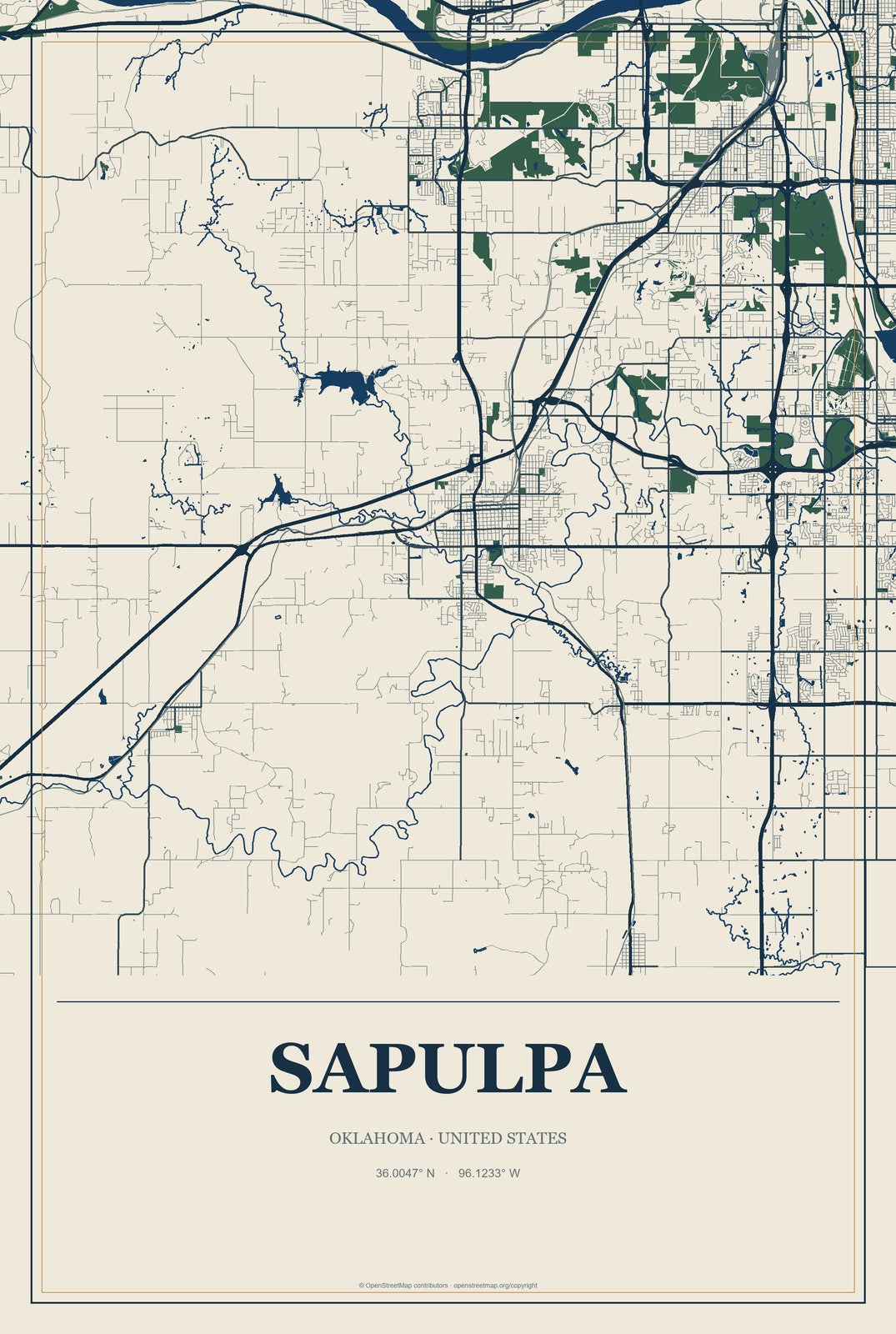 Sapulpa, Oklahoma City Map Aluminum Sign in Coastal Cutout style