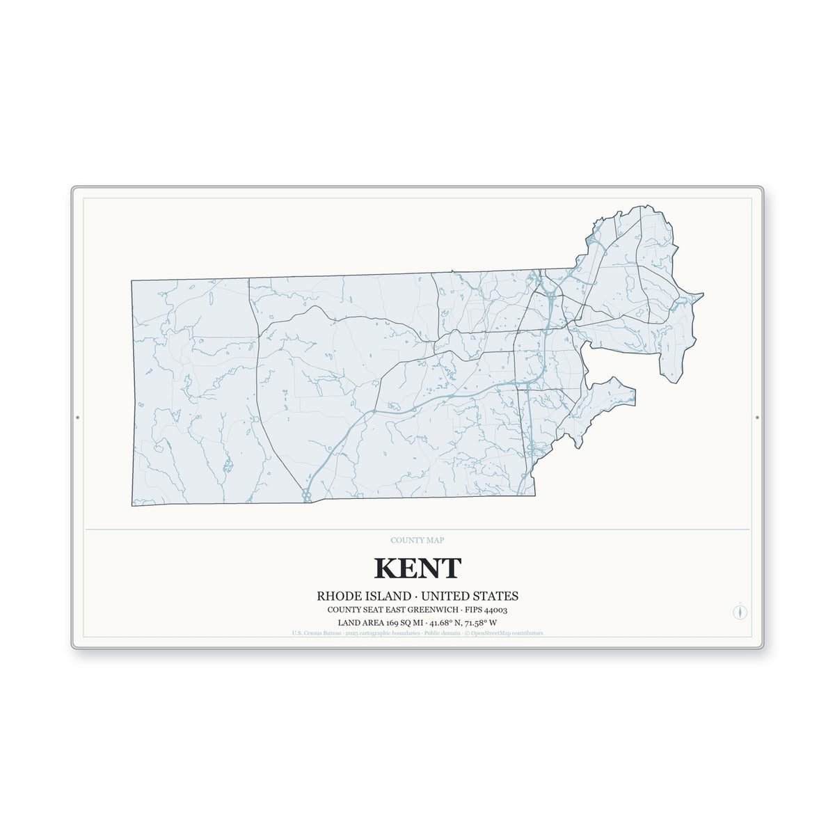 Kent County, Rhode Island Map Aluminum Sign in Gallery Air style