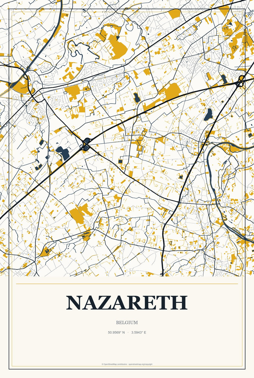 Nazareth, Belgium City Map Aluminum Sign in Citrine Modern style
