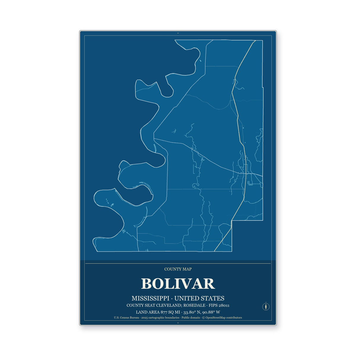 Bolivar County, Mississippi Map Aluminum Sign in Harbor Cobalt style