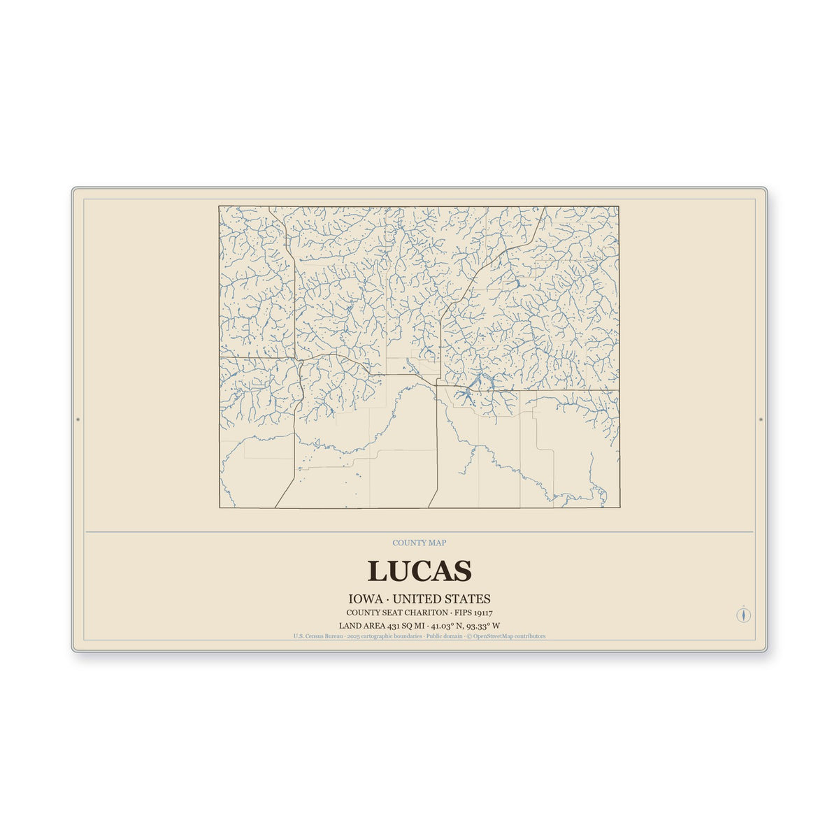 Lucas County, Iowa Map Aluminum Sign in Heritage Nautical style