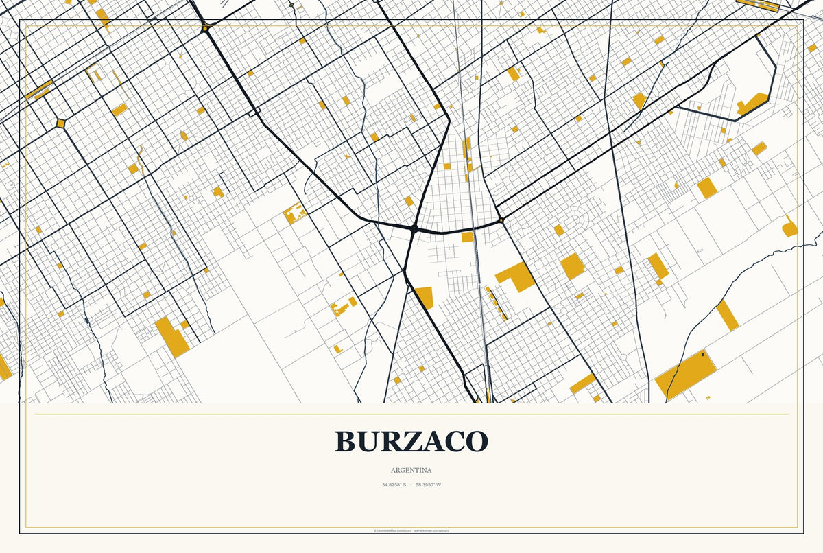 Burzaco, Argentina City Map Aluminum Sign in Citrine Modern style