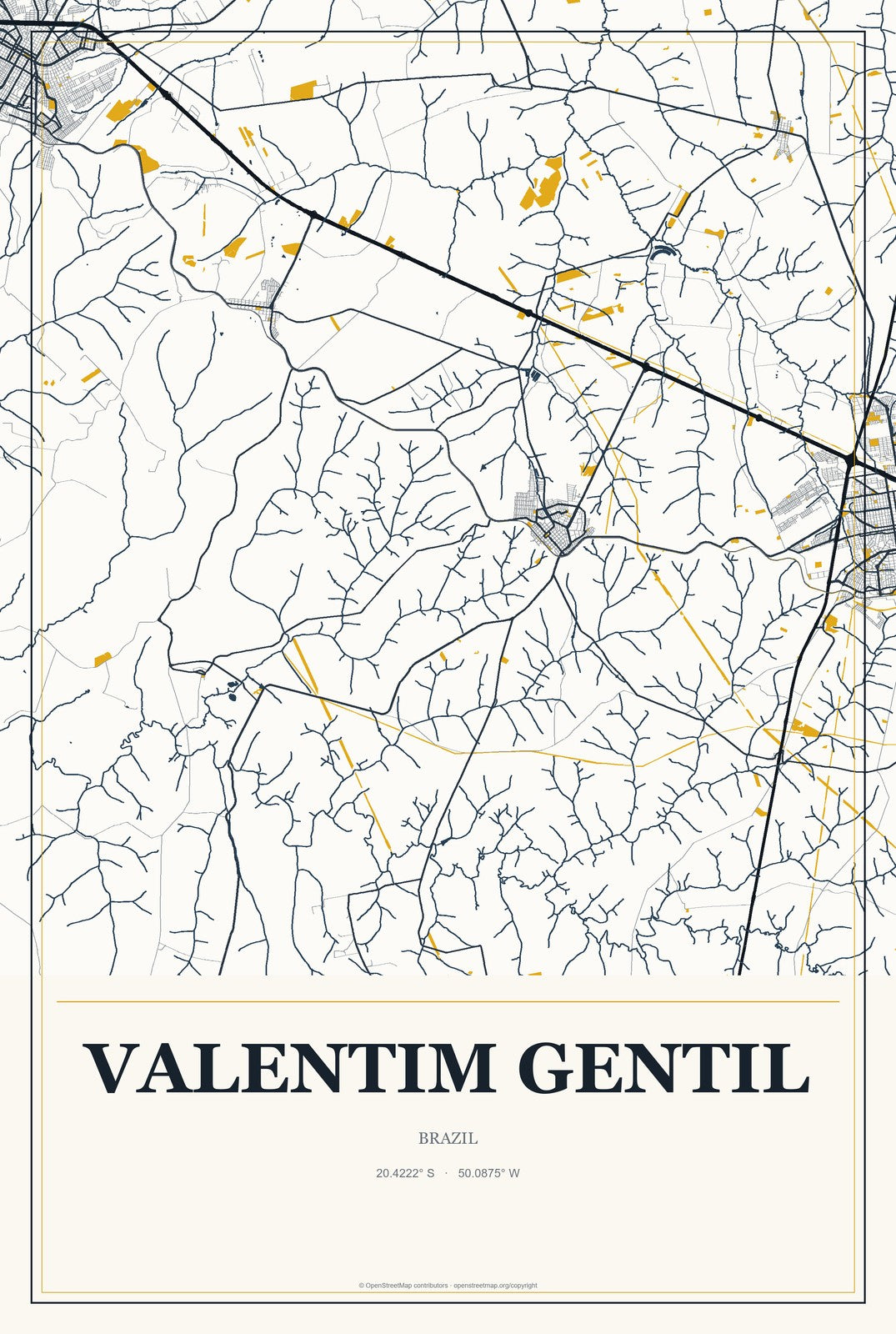 Valentim Gentil, Brazil City Map Aluminum Sign in Citrine Modern style