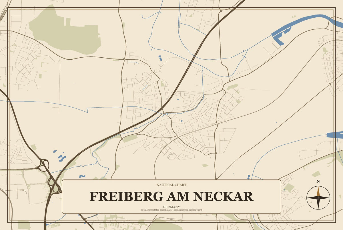 Freiberg am Neckar, Germany City Map Aluminum Sign in Heritage Nautical style