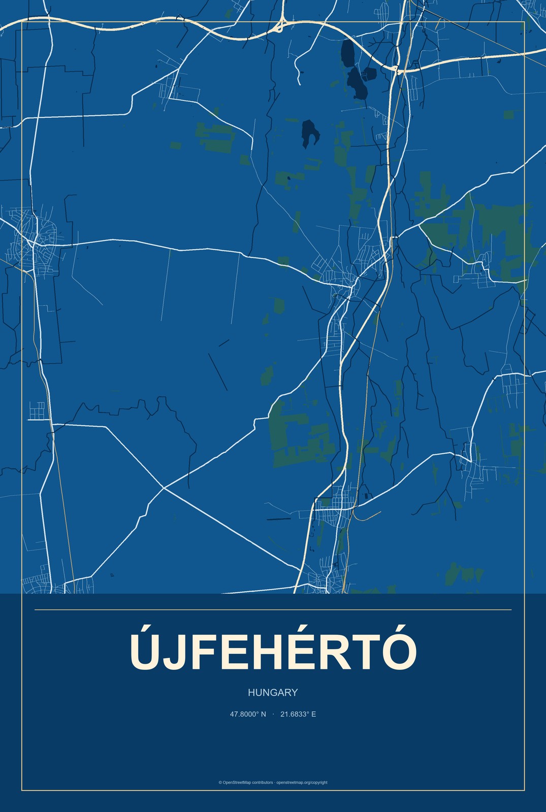 Újfehértó, Hungary City Map Aluminum Sign in Harbor Cobalt style