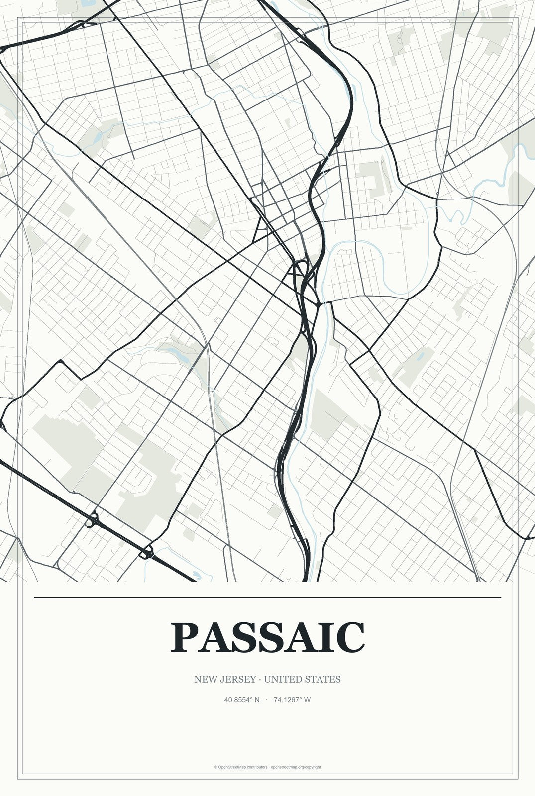 Passaic, New Jersey City Map Aluminum Sign in Gallery Air style