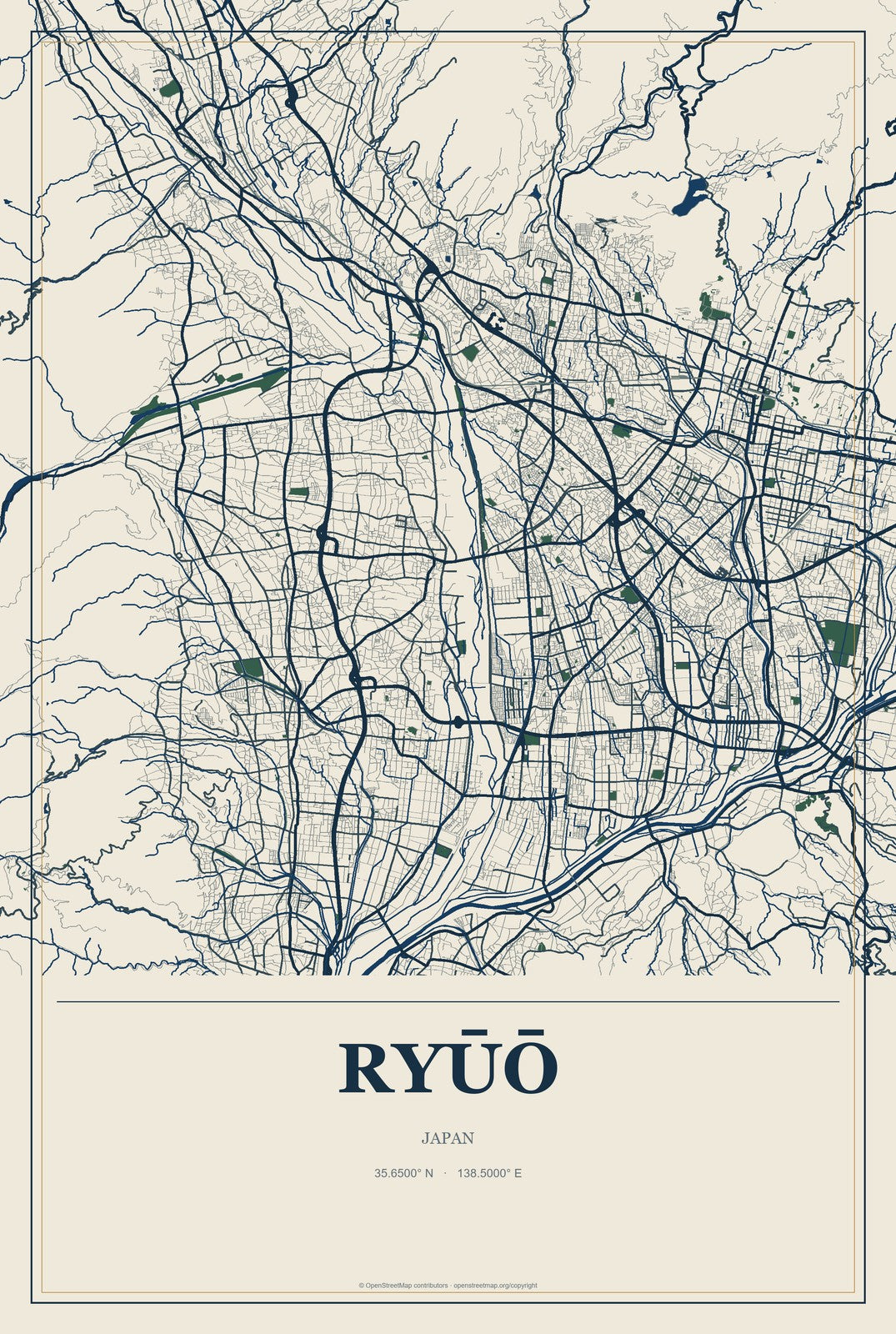 Ryūō, Yamanashi, Japan City Map Aluminum Sign in Coastal Cutout style