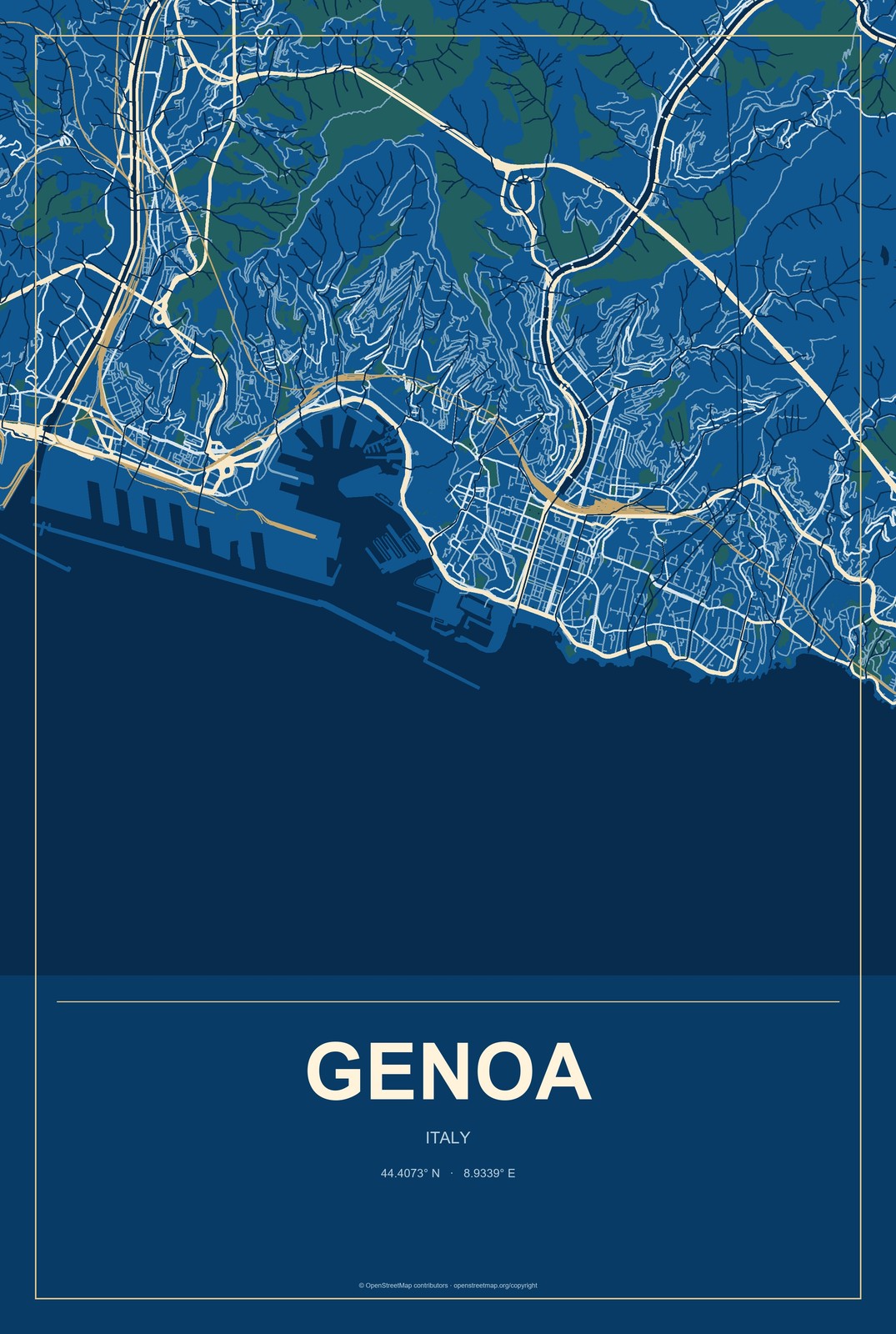 Genoa, Italy City Map Aluminum Sign in Harbor Cobalt style