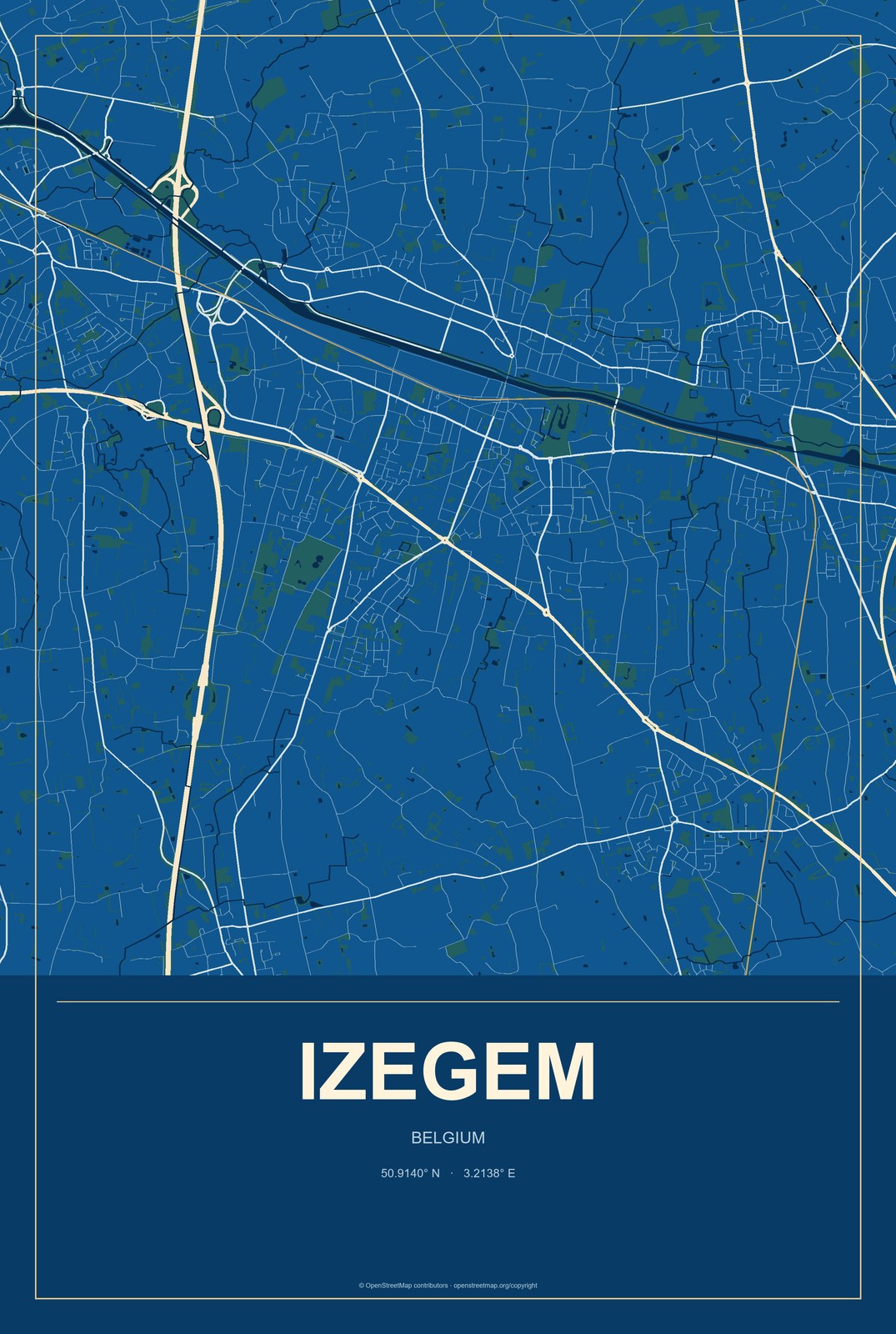 Izegem, Belgium City Map Aluminum Sign in Harbor Cobalt style