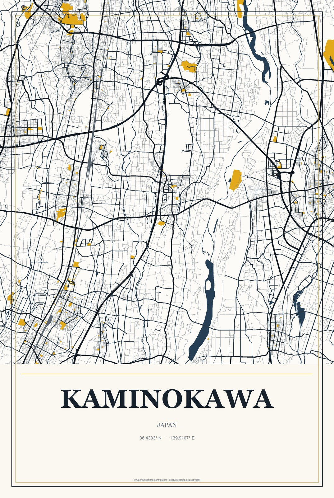 Kaminokawa, Japan City Map Aluminum Sign in Citrine Modern style