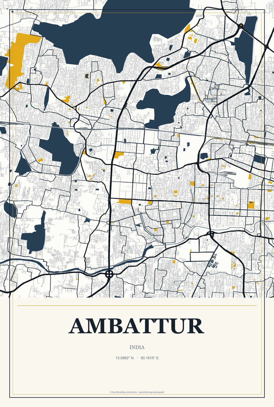 Ambattur, India City Map Aluminum Sign in Citrine Modern style