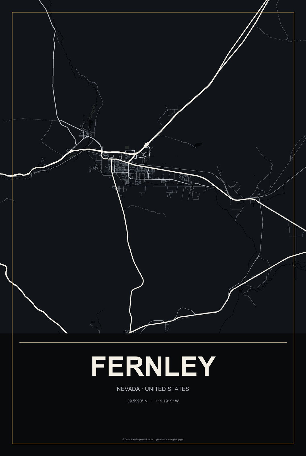Fernley, Nevada City Map Aluminum Sign in Metropolitan Noir style