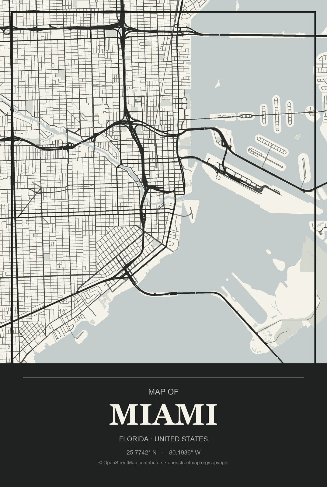 Miami, Florida City Map Aluminum Sign in Museum Plaque style