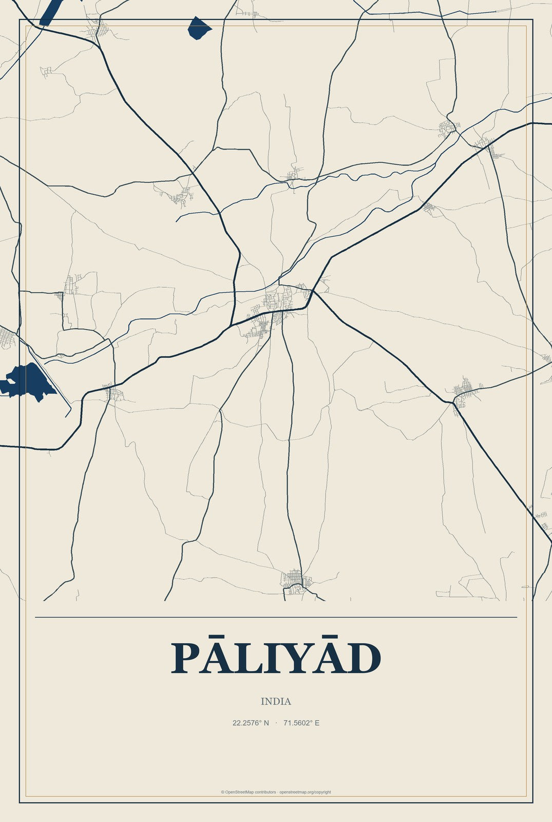 Pāliyād, India City Map Aluminum Sign in Coastal Cutout style