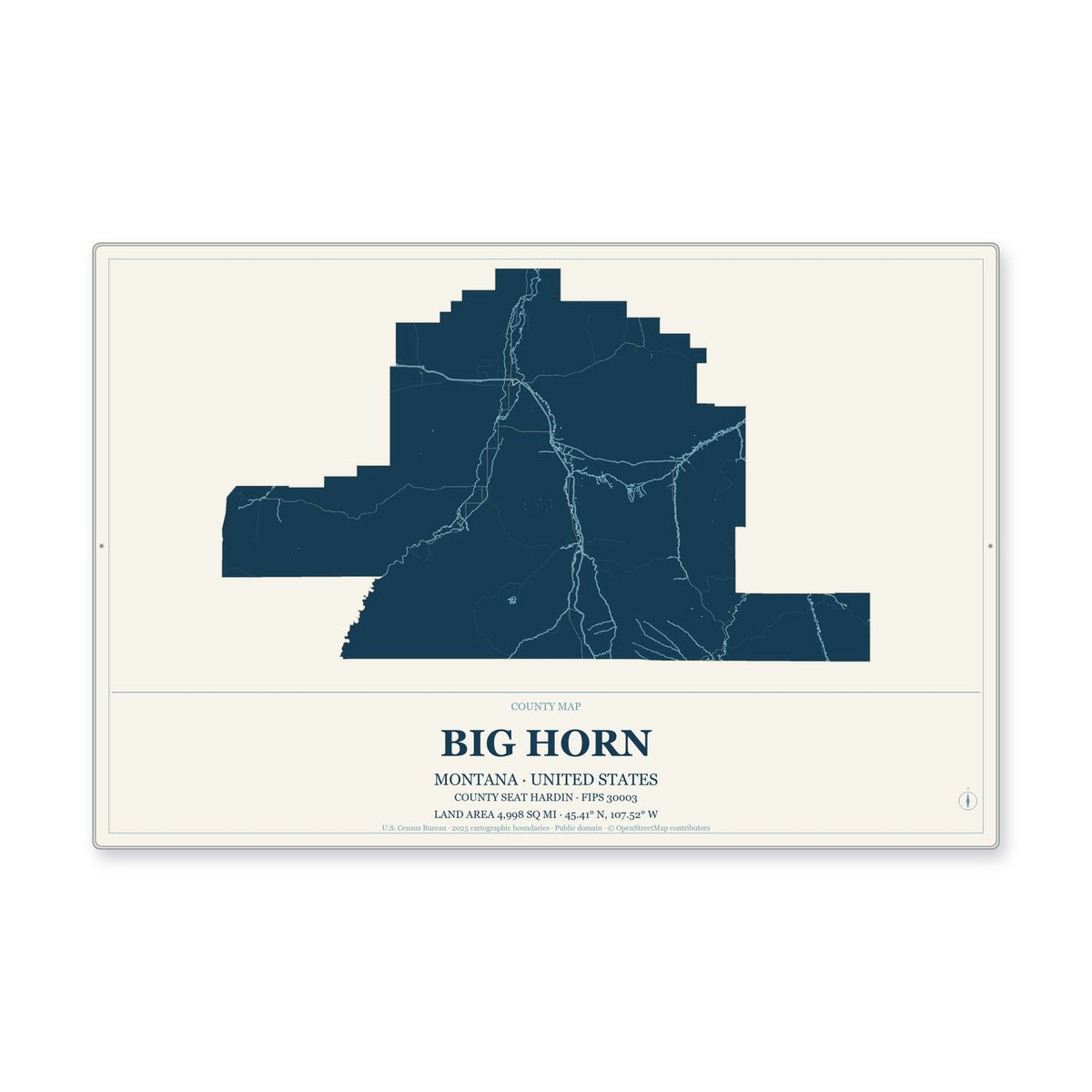 Big Horn County, Montana Map Aluminum Sign in Coastal Cutout style