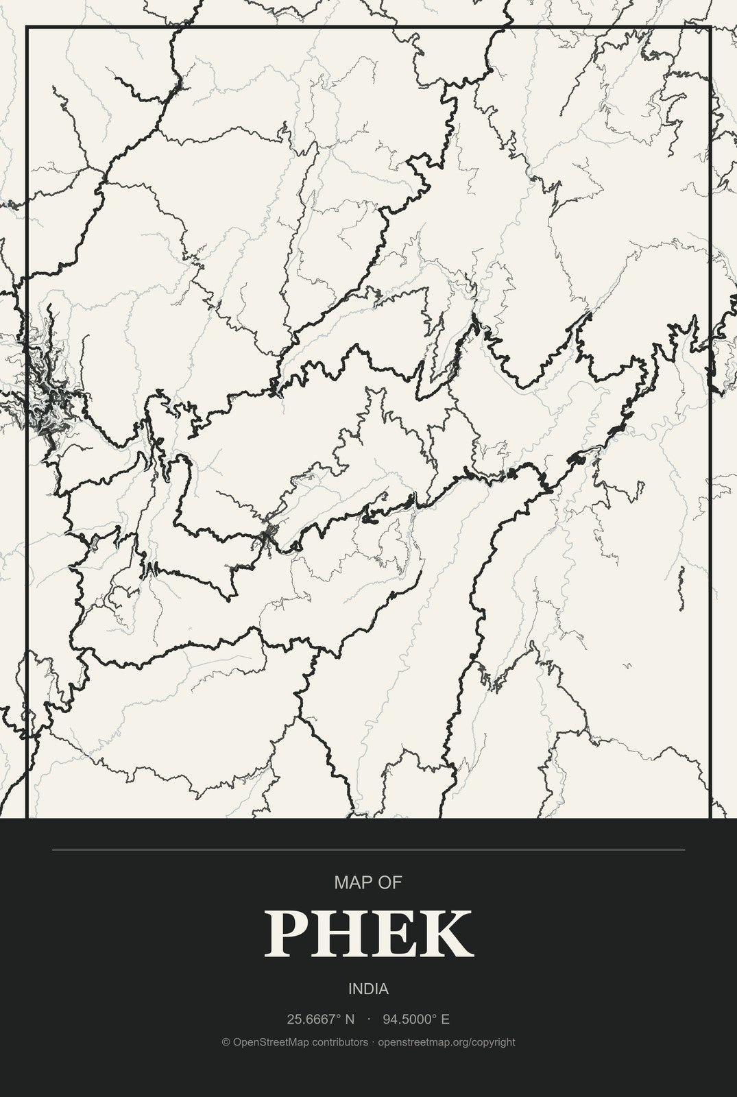 Phek, India City Map Aluminum Sign in Museum Plaque style