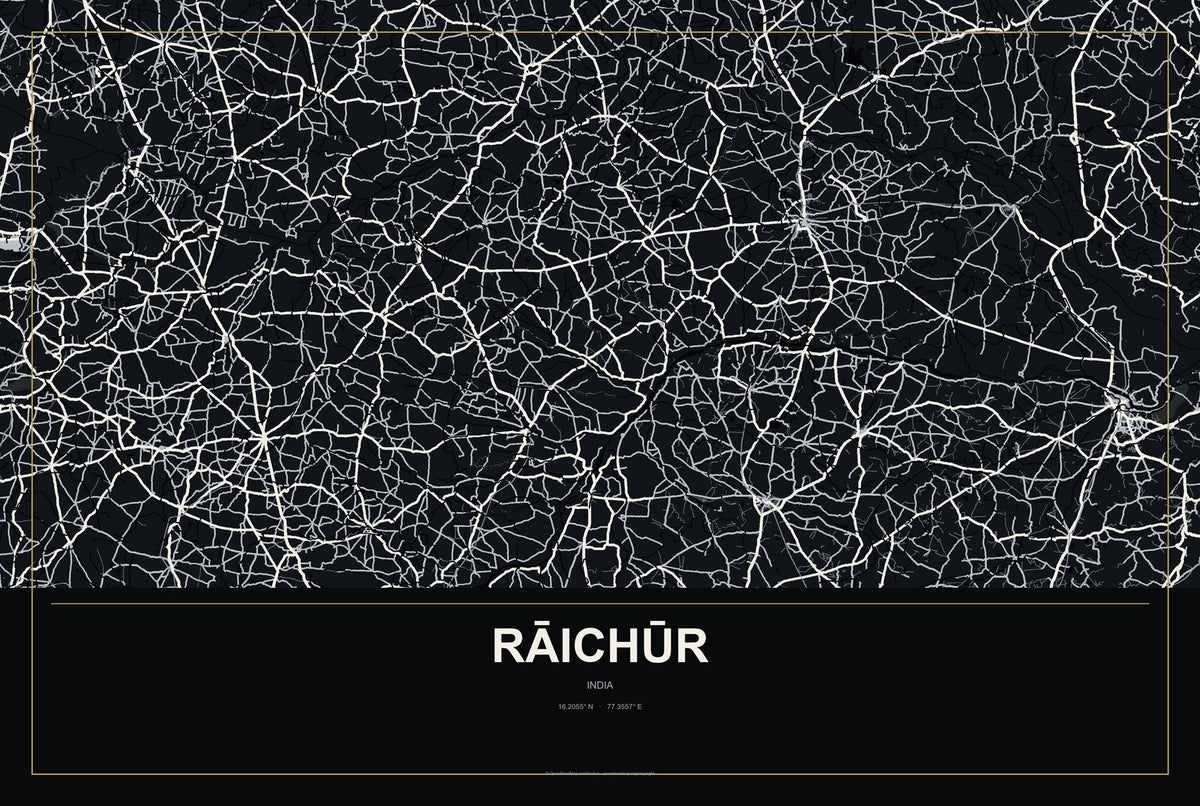 Rāichūr, India City Map Aluminum Sign in Metropolitan Noir style