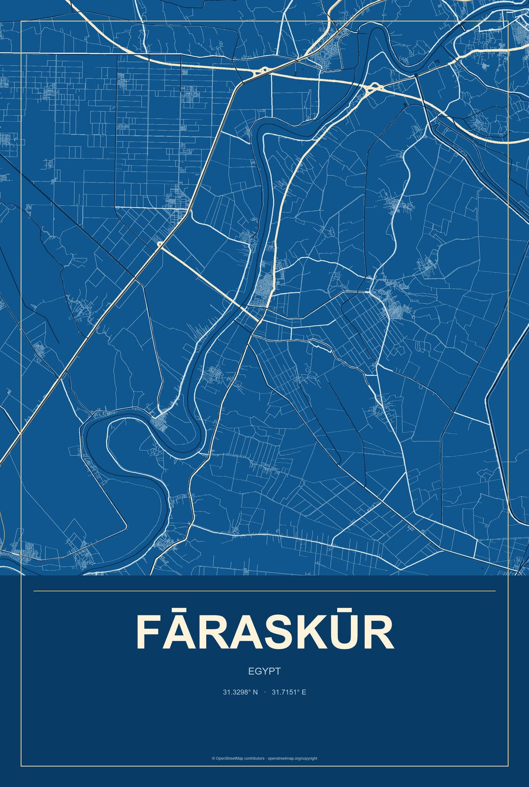 Fāraskūr, Egypt City Map Aluminum Sign in Harbor Cobalt style