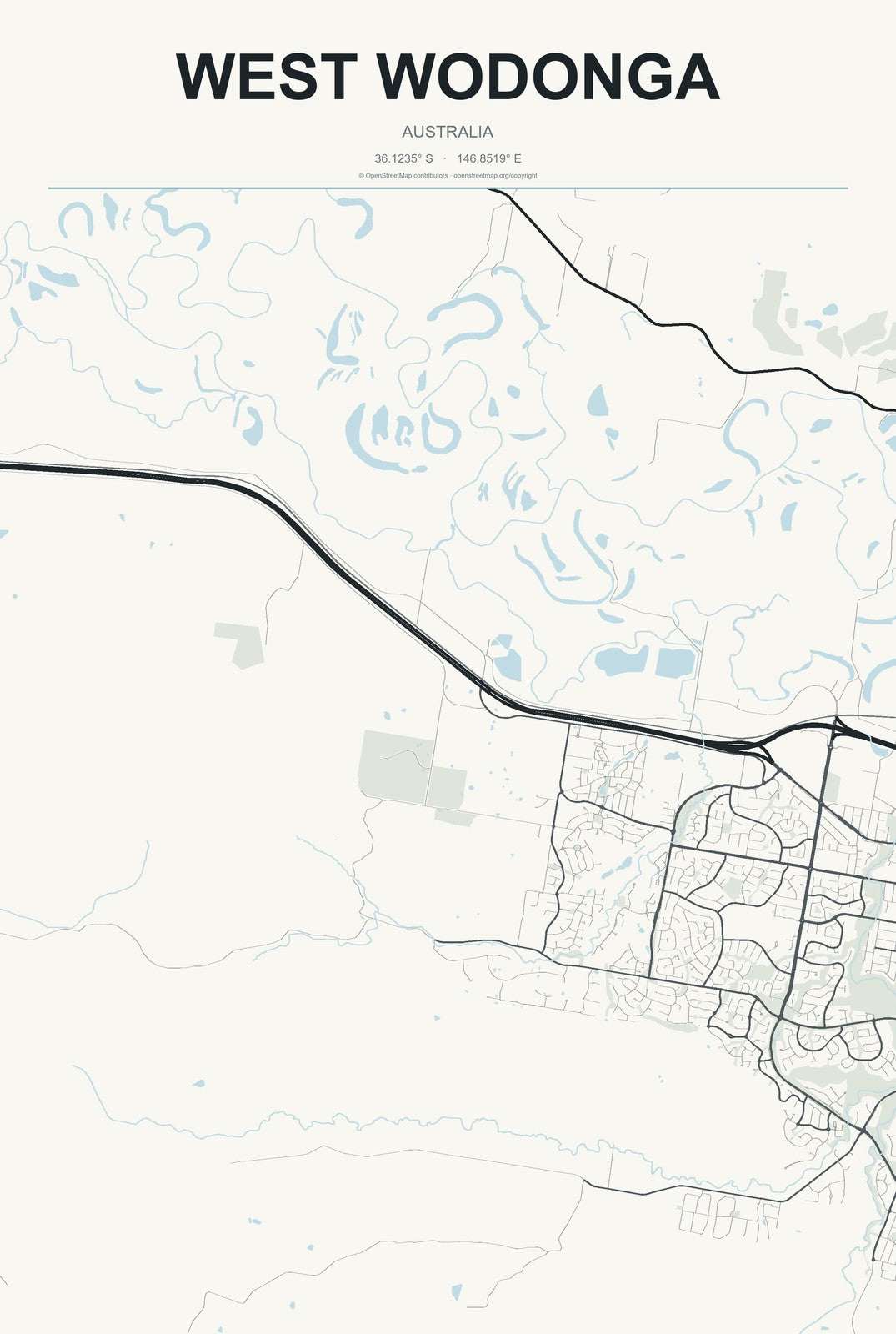 West Wodonga, Australia City Map Aluminum Sign in Headline Atlas style