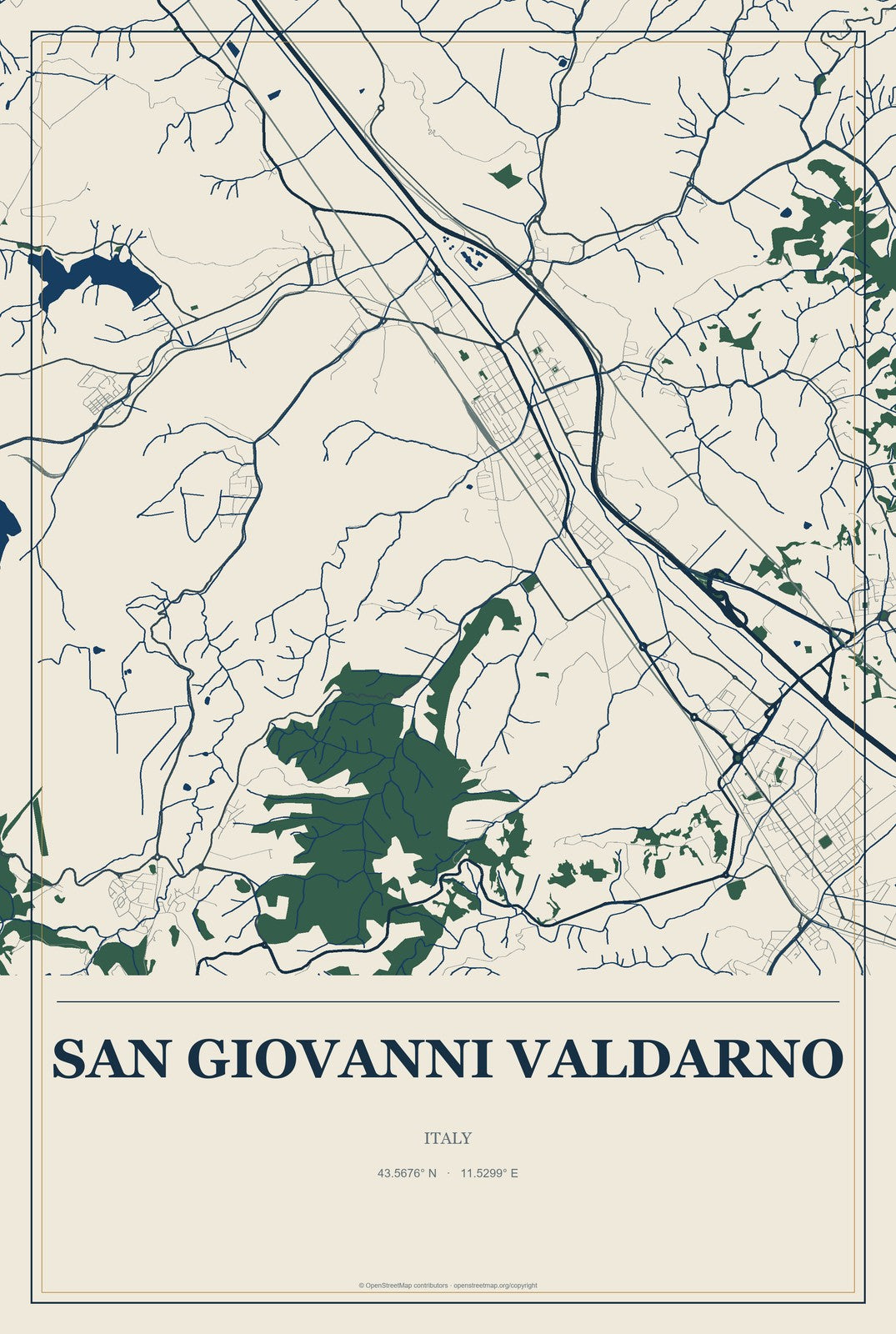 San Giovanni Valdarno, Italy City Map Aluminum Sign in Coastal Cutout style