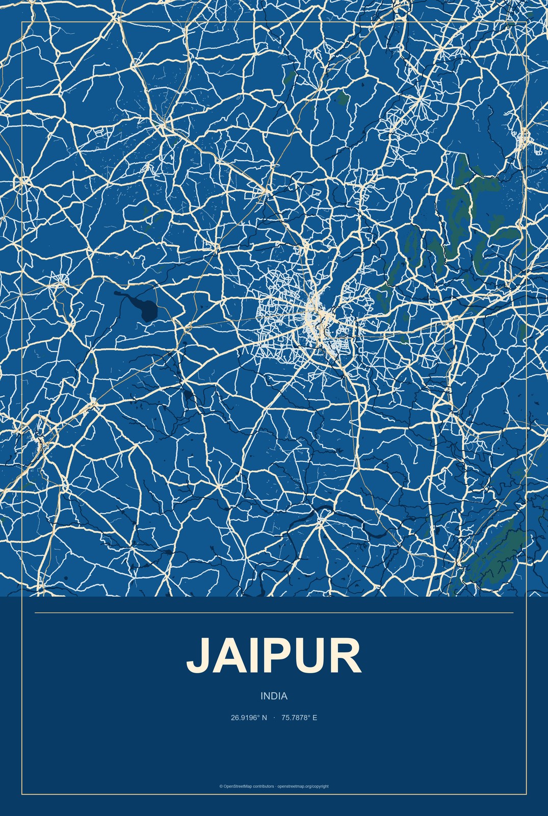 Jaipur, India City Map Aluminum Sign in Harbor Cobalt style