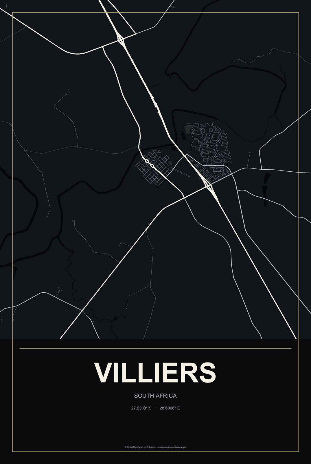 Villiers, South Africa City Map Aluminum Sign in Metropolitan Noir style