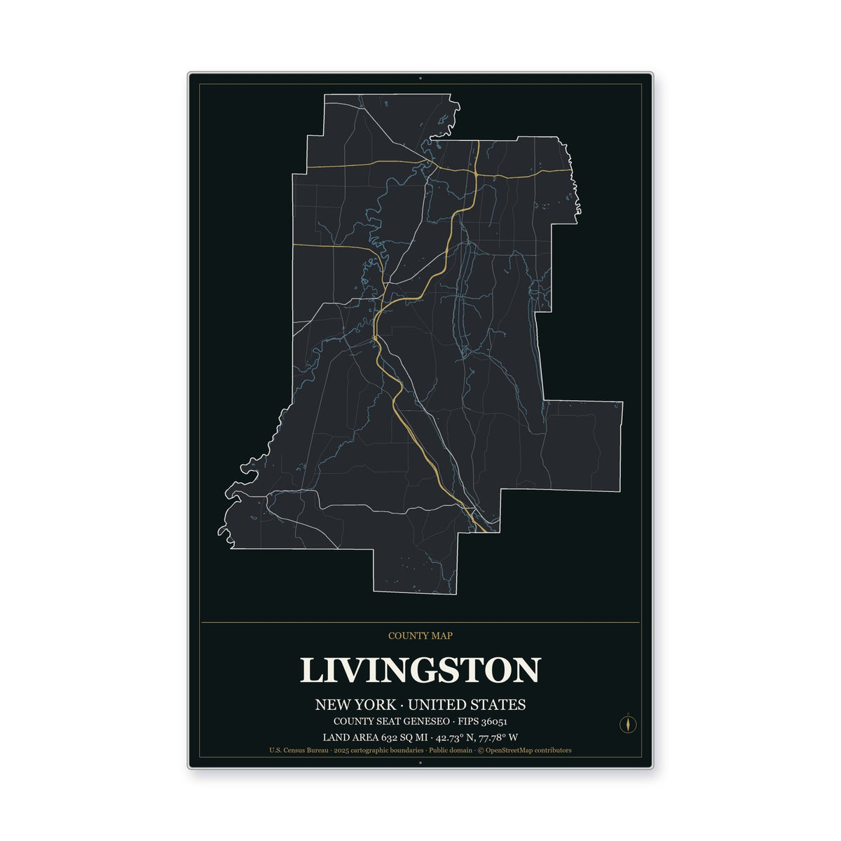 Livingston County, New York Map Aluminum Sign in Metropolitan Noir style