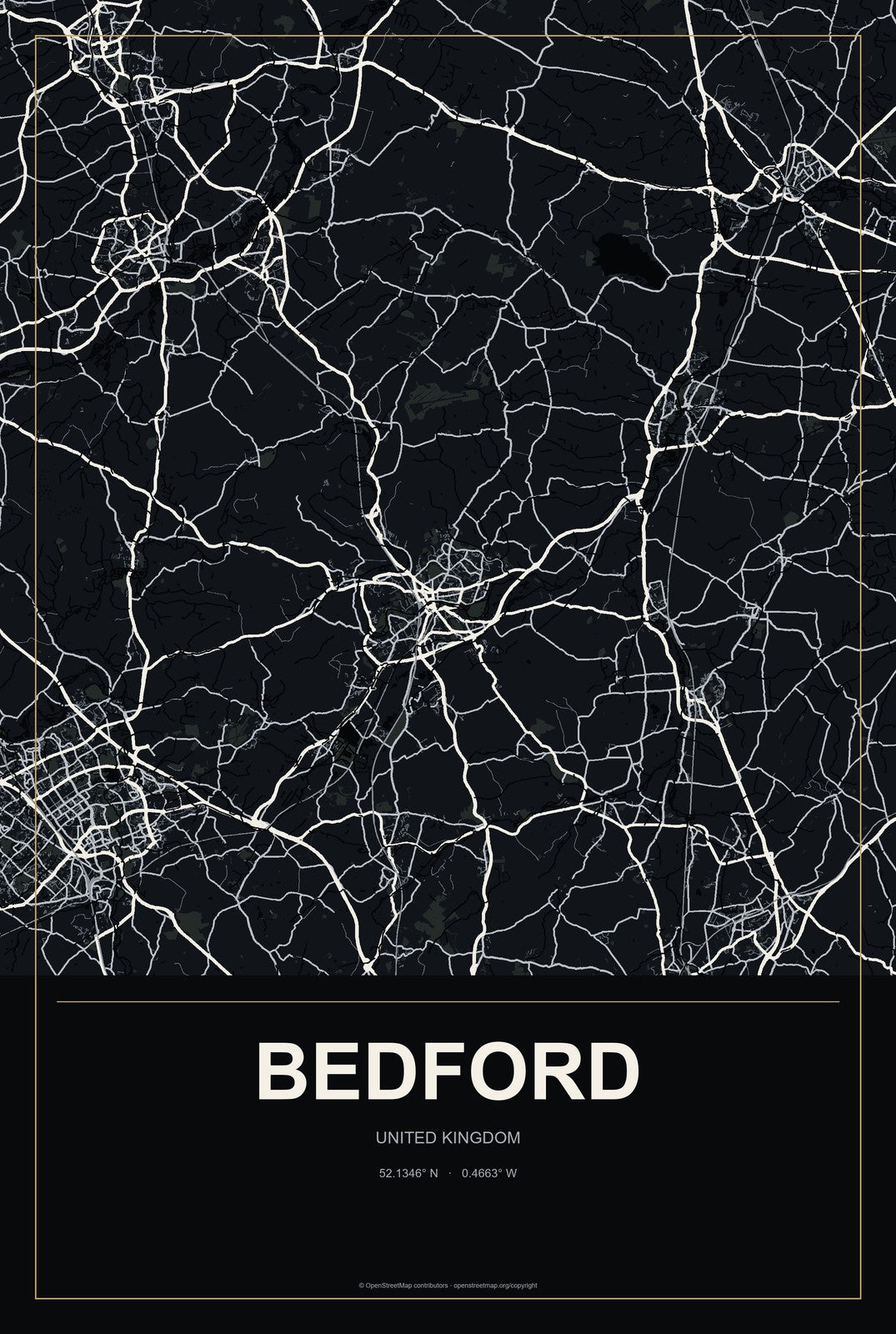 Bedford, United Kingdom City Map Aluminum Sign in Metropolitan Noir style
