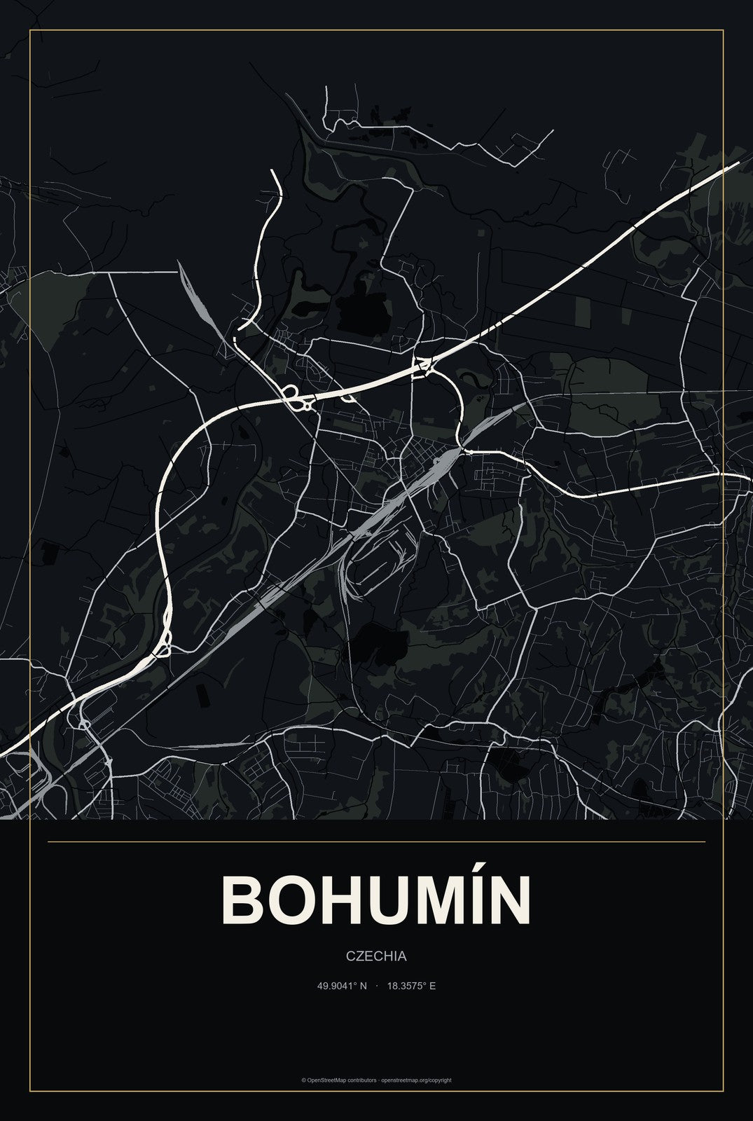 Bohumín, Czechia City Map Aluminum Sign in Metropolitan Noir style