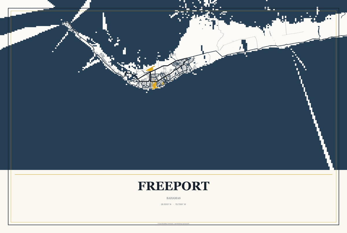 Freeport, Bahamas City Map Aluminum Sign in Citrine Modern style