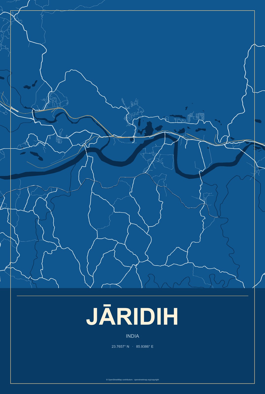 Jāridih, India City Map Aluminum Sign in Harbor Cobalt style
