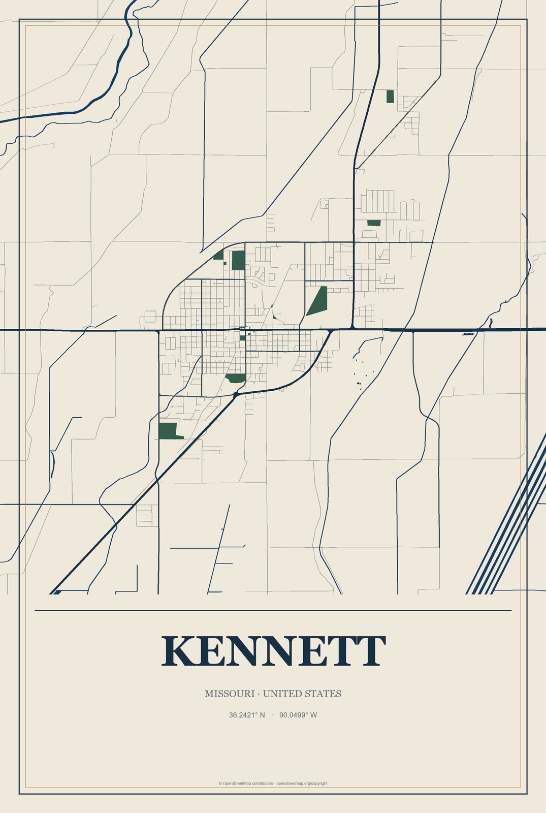 Kennett, Missouri City Map Aluminum Sign in Coastal Cutout style