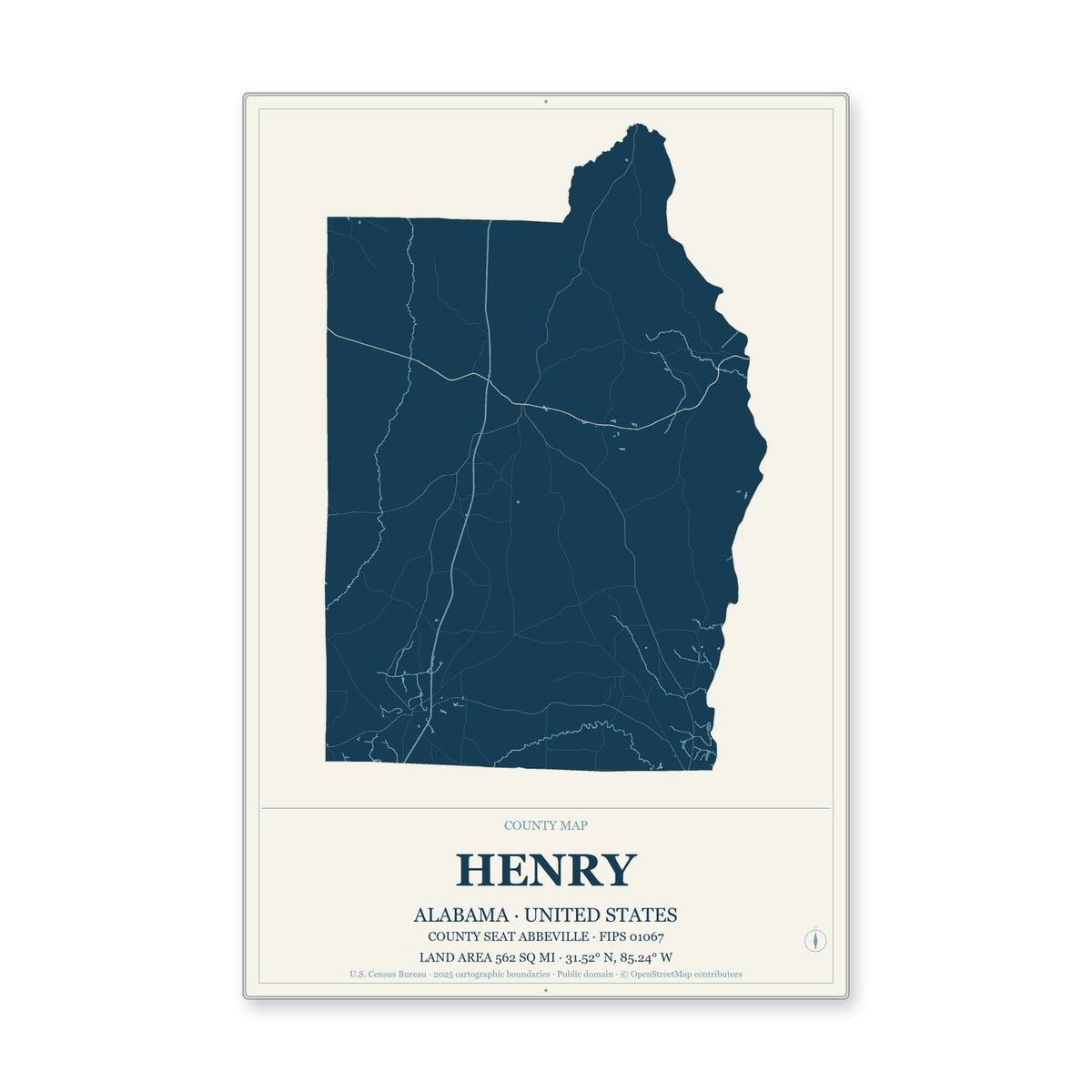 Henry County, Alabama Map Aluminum Sign in Coastal Cutout style