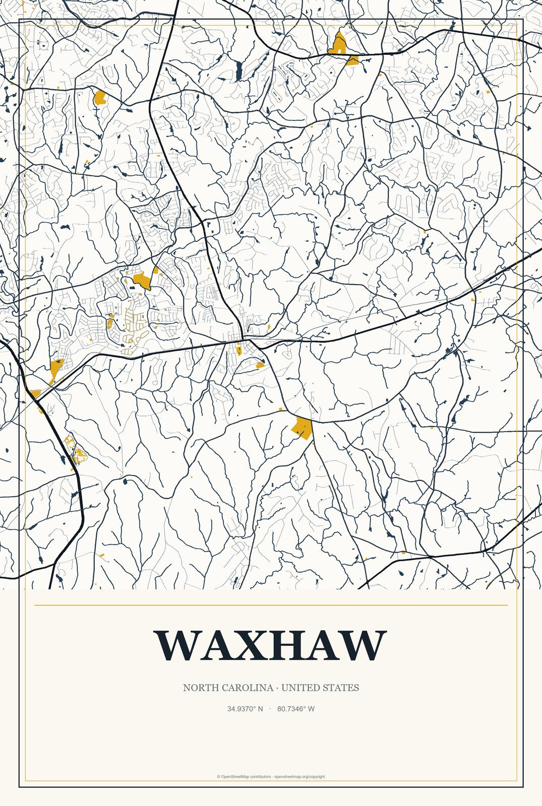Waxhaw, North Carolina City Map Aluminum Sign in Citrine Modern style