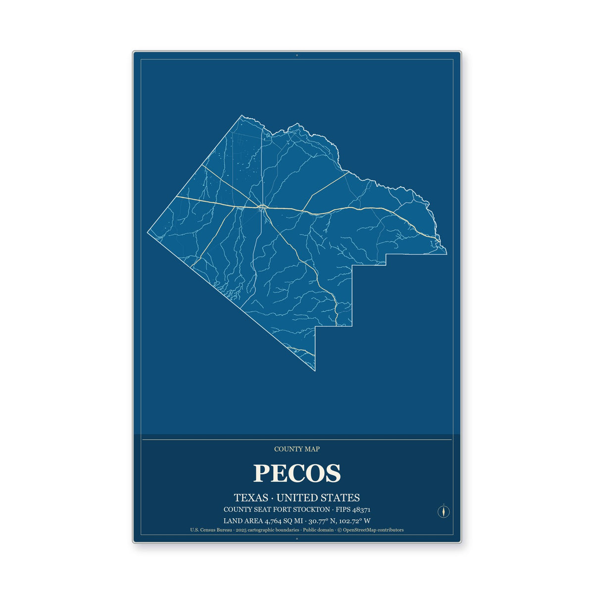 Pecos County, Texas Map Aluminum Sign in Harbor Cobalt style